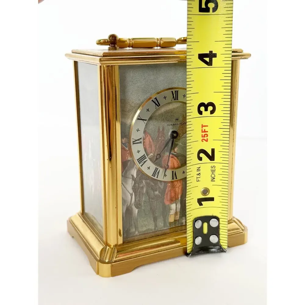 Vintage Hamilton Electronic Gold Brass Miniature Shelf Mantel Fox Hunt Clock